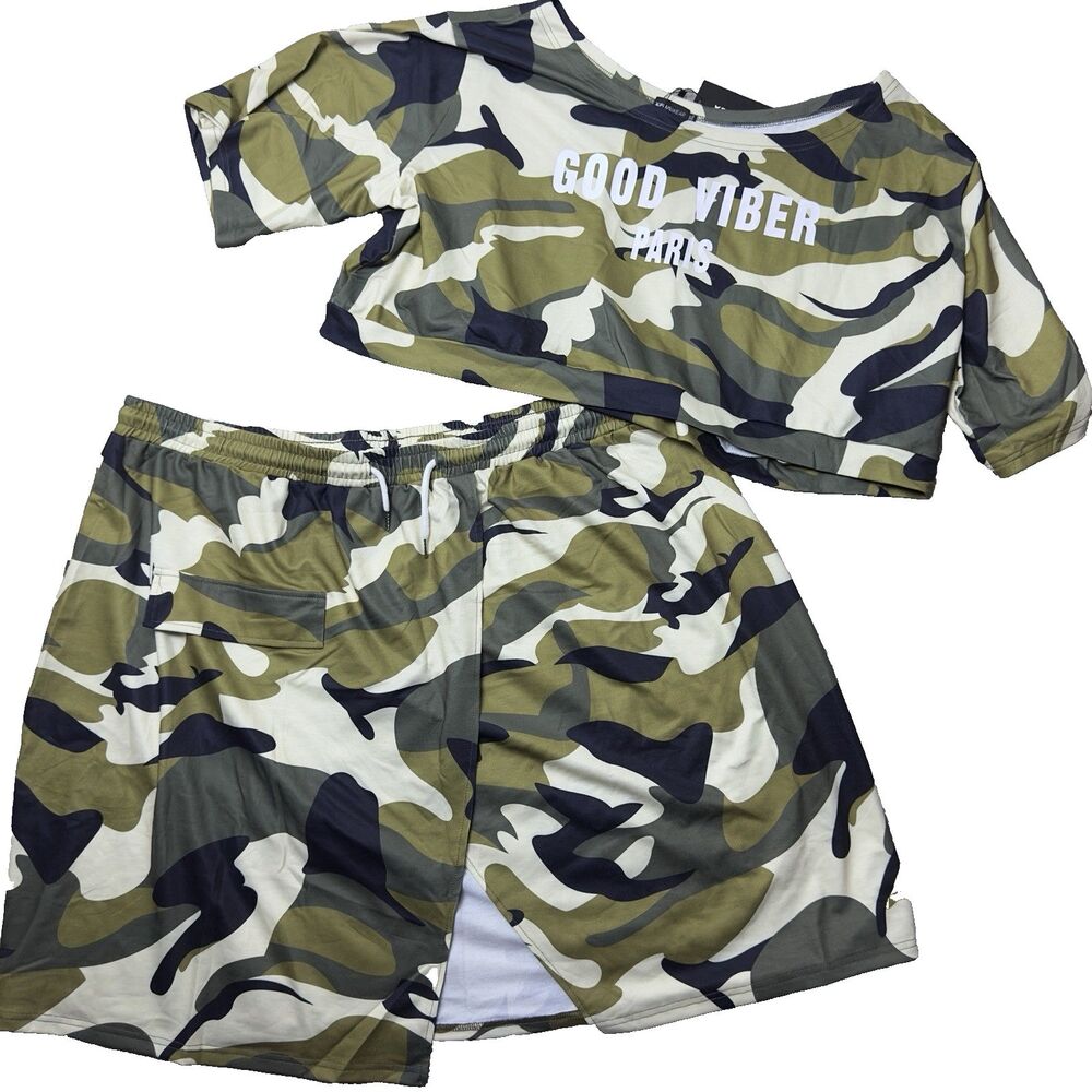 Womens XPlusWear Camo Co Ord Set 5XL Two Piece Crop Top Skirt Casual Outfit NWT